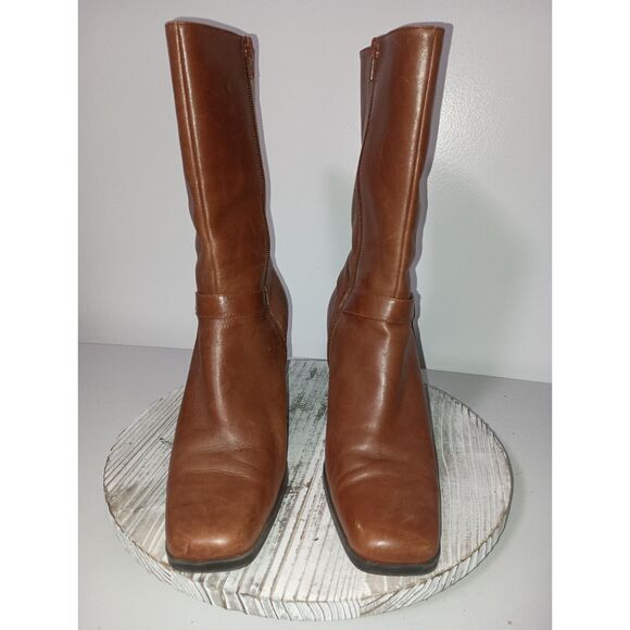 BASS, Tan Block Heel Mid Calf Leather Dress Boot with Ring, Woman Size 9 - Picture 3 of 8